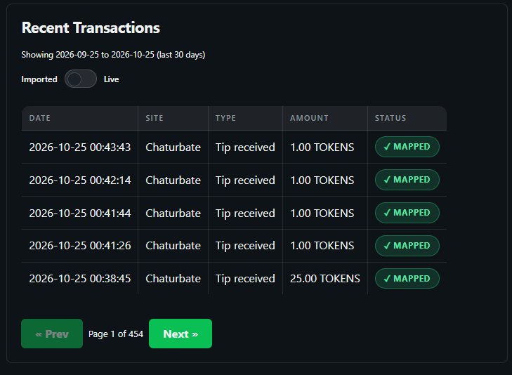 Recent transactions table in the imported view, every row carrying a mapped status badge