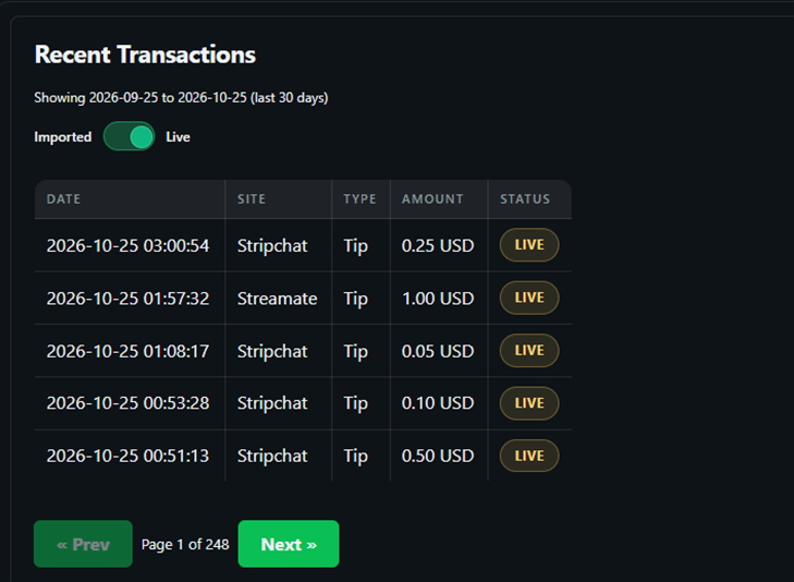 The same recent transactions table switched to the live view, every row carrying a live status badge and amounts already in dollars